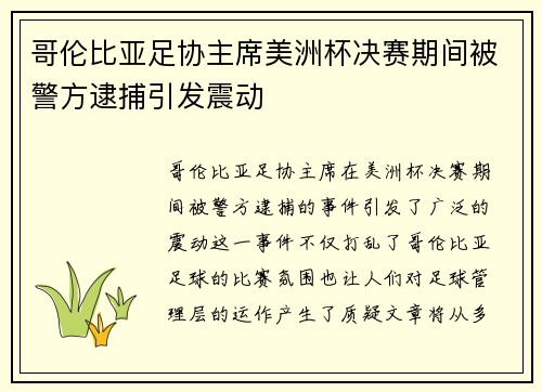 哥伦比亚足协主席美洲杯决赛期间被警方逮捕引发震动